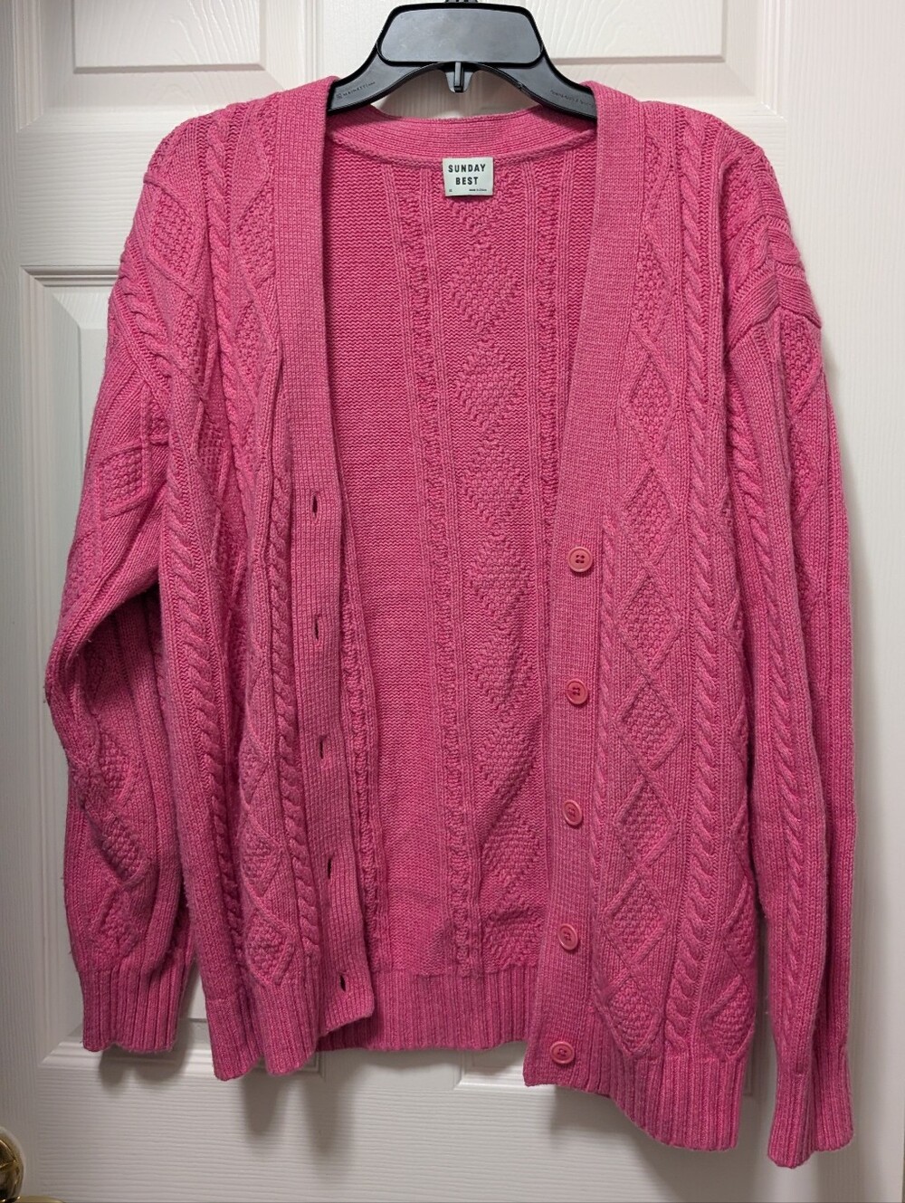 Sunday Best Aritzia Bright Pink Cable Knit Cardigan Wool Blend Size XS